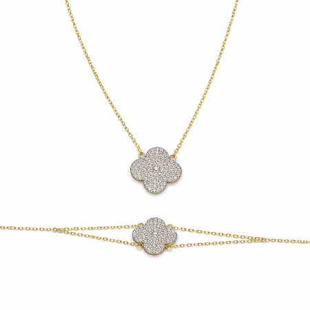 18k Yellow Gold Diamond Clover Pendant Necklace & Bracelet Set (3.64g)