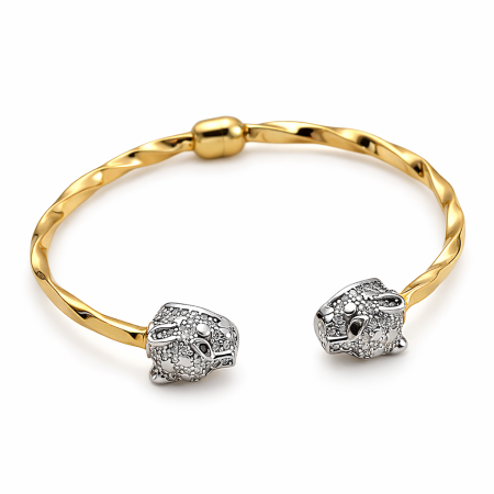 18k Gold & Silver Rabbit-Head Cuff Bracelet - 10.42g
