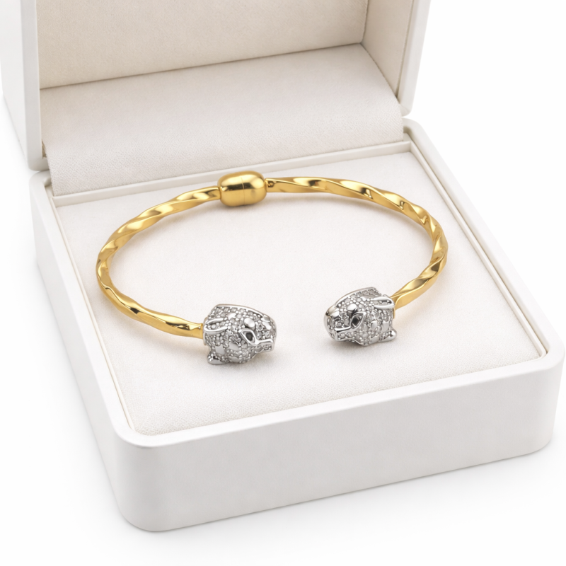 18k Gold & Silver Rabbit-Head Cuff Bracelet - 10.42g