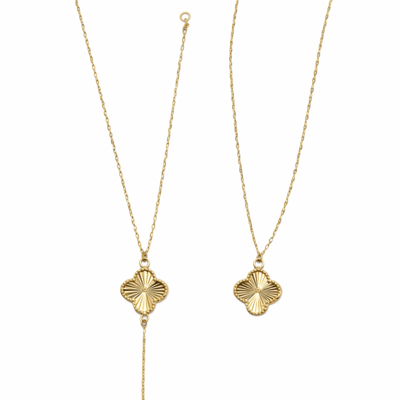 18K Gold Clover Pendant Necklace – 3.36g Elegant Dual Chain Gold Jewelry