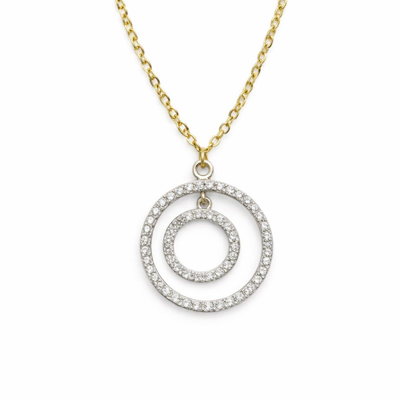 18k Gold Diamond-Studded Double Circle Necklace