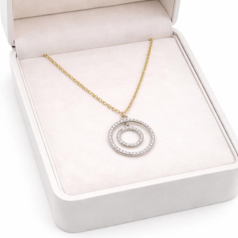18k Gold Diamond-Studded Double Circle Necklace
