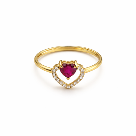 18K Gold Heart Ruby Ring – 1.38g Elegant Diamond Halo