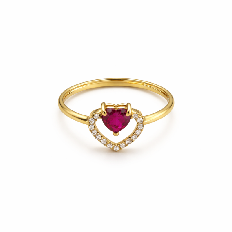 18K Gold Heart Ruby Ring – 1.38g Elegant Diamond Halo 18K Gold Heart Ruby Ring – 1.38g Elegant Diamond Halo