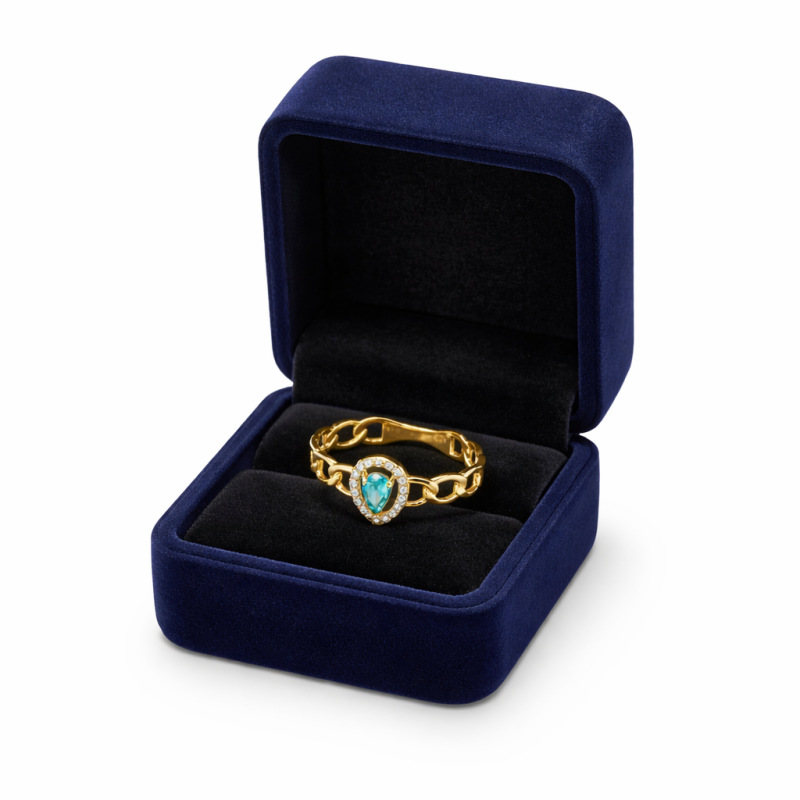 18K Gold Blue Topaz Teardrop Ring with Diamond Halo – Elegant Chain Band Ring