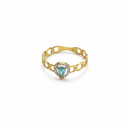 18K Gold Blue Topaz Teardrop Ring with Diamond Halo – Elegant Chain Band Ring