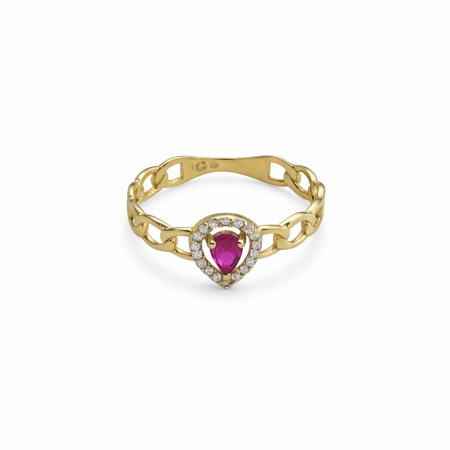 18K Gold Pink Teardrop Stone Ring with Diamond Halo – Elegant Chain Band Ring