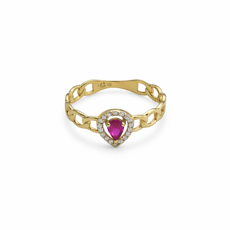 18K Gold Pink Teardrop Stone Ring with Diamond Halo – Elegant Chain Band Ring