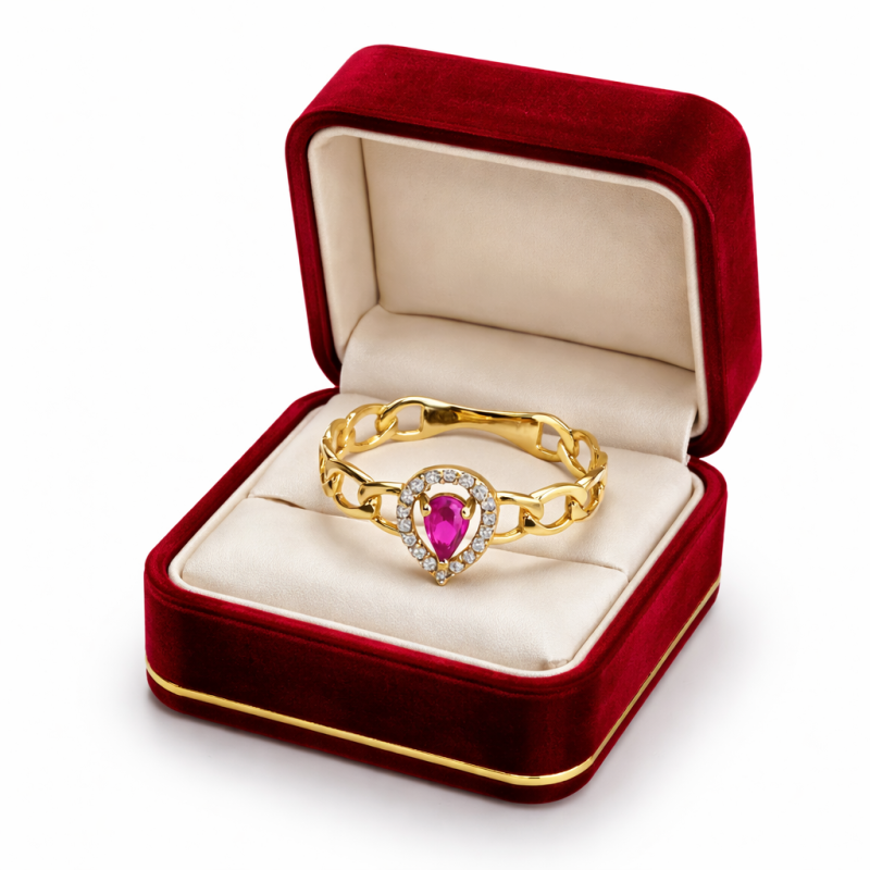 18K Gold Pink Teardrop Stone Ring with Diamond Halo – Elegant Chain Band Ring