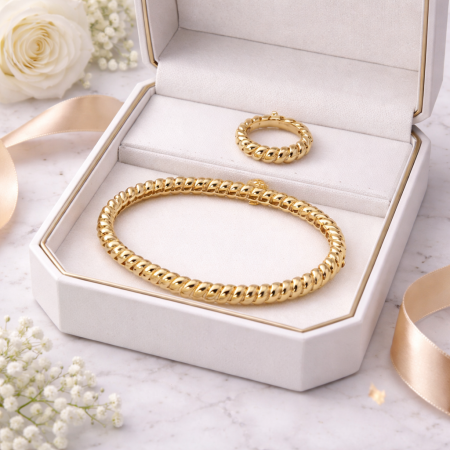 18K Gold Beaded Bracelet & Ring Set – Elegant Matching Jewelry (19.90g)