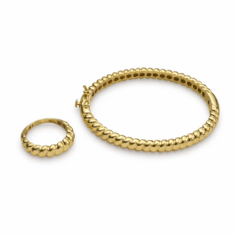 18K Gold Beaded Bracelet & Ring Set – Elegant Matching Jewelry (19.90g)