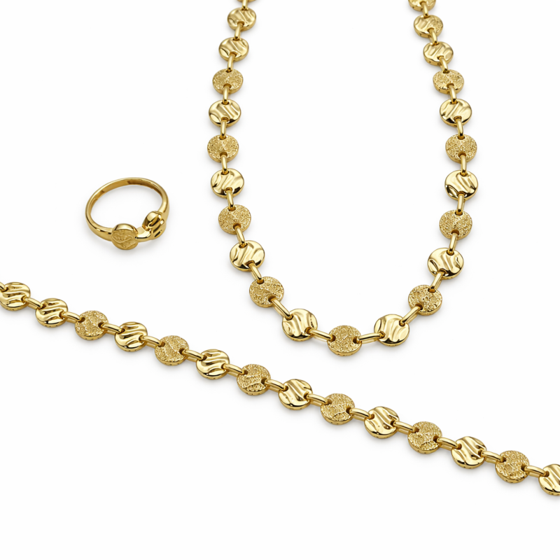 18K Gold Necklace, Bracelet & Ring Set – Textured Disc Design (30.50g) 18K Gold Necklace, Bracelet & Ring Set – Textured Disc Design (30.50g)
