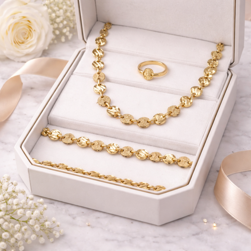 18K Gold Necklace, Bracelet & Ring Set – Textured Disc Design (30.50g) 18K Gold Necklace, Bracelet & Ring Set – Textured Disc Design (30.50g)