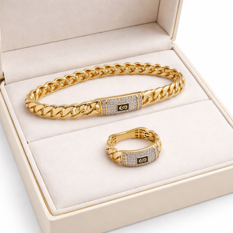 18K Gold Cuban Link Bracelet & Ring Set – 20.38 Gram Luxury Designer Set