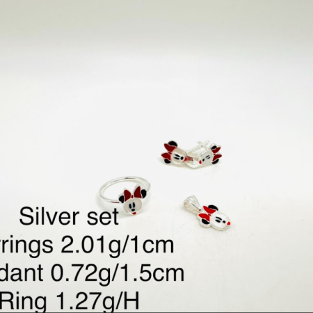 Minnie Mouse Silver Jewelry Set – Earrings, Pendant, and Ring with Red Enamel Accents