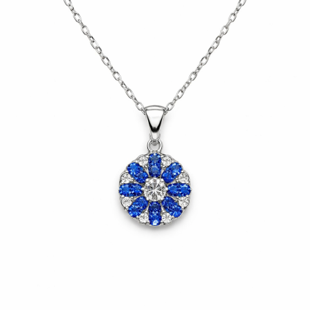 Silver Necklace with Blue and White Flower Pendant (2.42g/40+5cm)