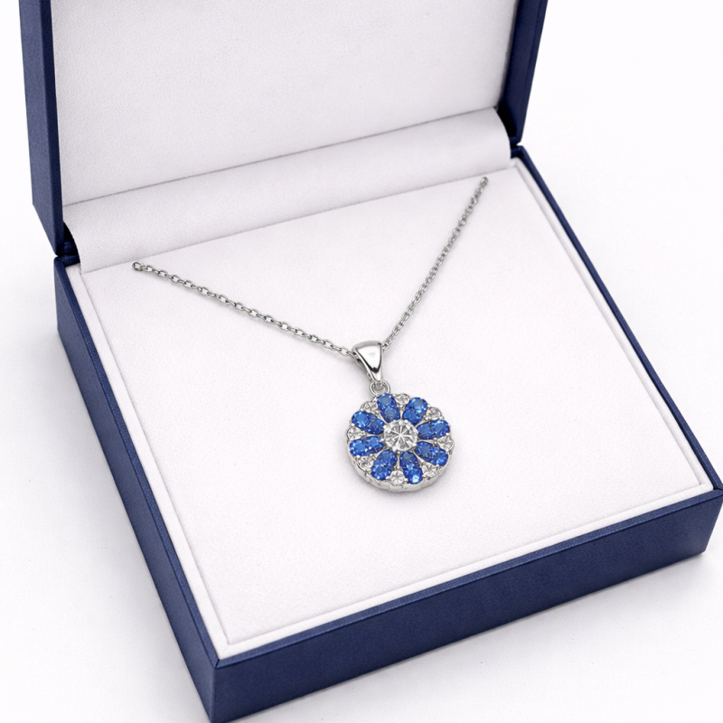Silver Necklace with Blue and White Flower Pendant (2.42g/40+5cm)