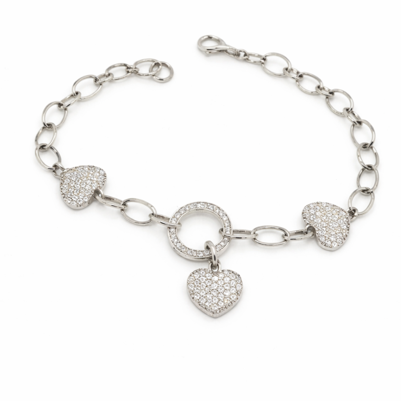 Silver Heart Bracelet with Pave CZ (5.9g/18cm)