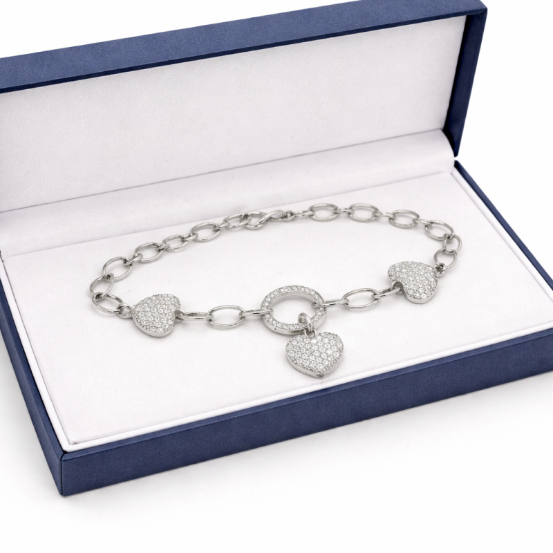 Silver Heart Bracelet with Pave CZ (5.9g/18cm)