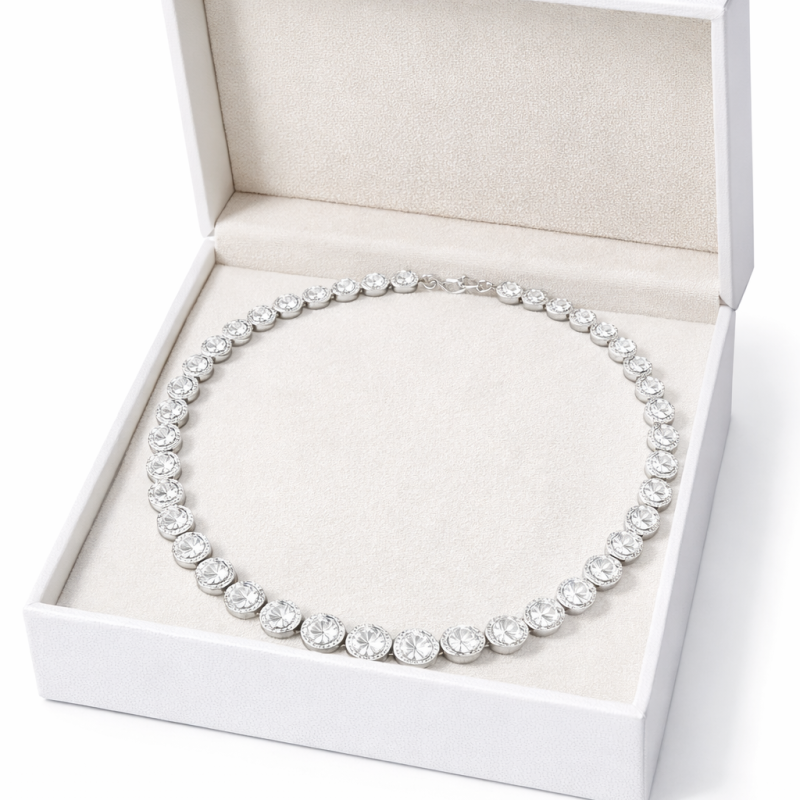 Luxury Crystal Silver Necklace for Women – Round Rhinestone Design (26g, 36+6cm)