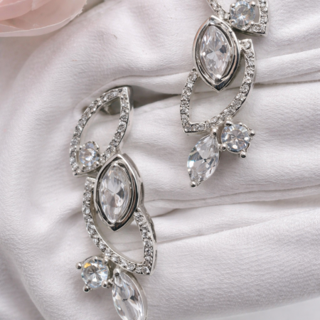 Luxury Silver Crystal Drop Earrings – Leaf Marquise Design, Sparkling CZ Statement Dangle Earrings for Women 8.37 gram 3.5 CM