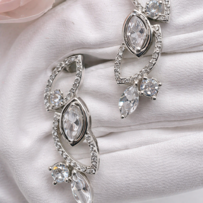 Luxury Silver Crystal Drop Earrings – Leaf Marquise Design, Sparkling CZ Statement Dangle Earrings for Women 8.37 gram 3.5 CM
