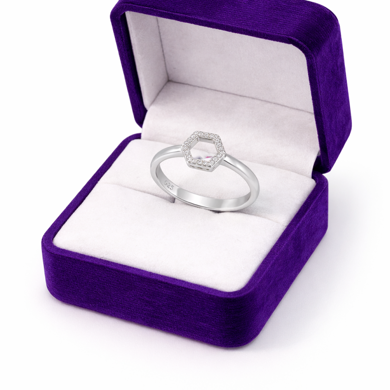Sterling Silver Hexagon Ring with Cubic Zirconia – 1.85g