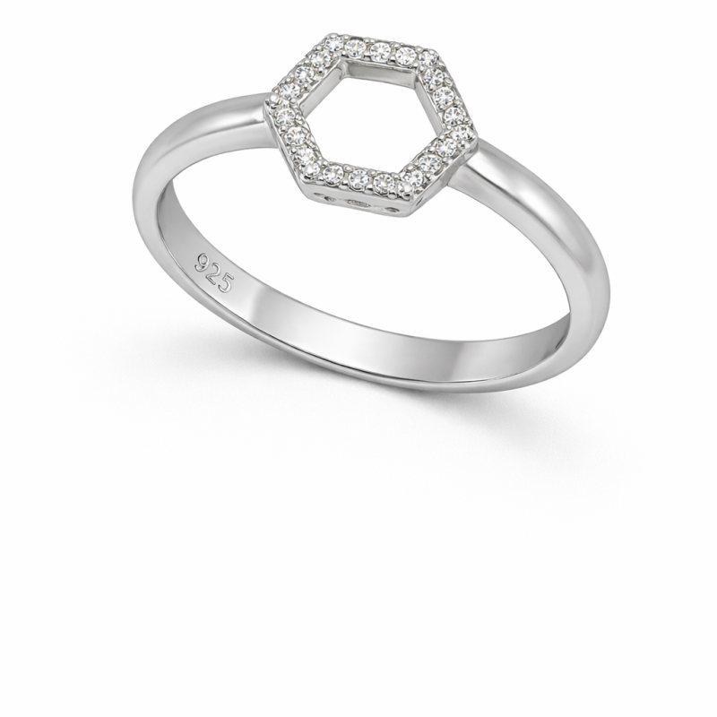 Sterling Silver Hexagon Ring with Cubic Zirconia – 1.85g