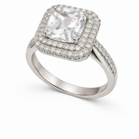 Silver Ring 7.35g - Square-Cut Zirconia Halo Design