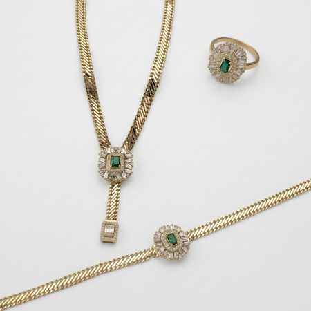 Luxury 18K Gold Emerald Diamond Necklace & Bracelet Set – 35.19g